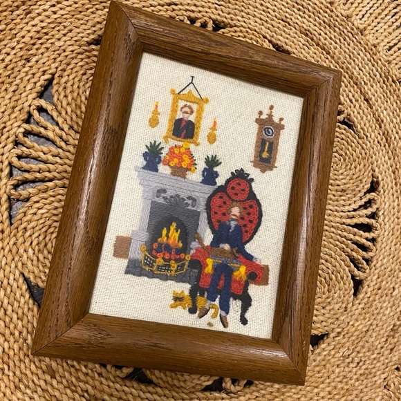 Vintage 1980 Crewel Fireside Gent Cats Framed Art Dimensions 6059 Completed Cat - Picture 2 of 7